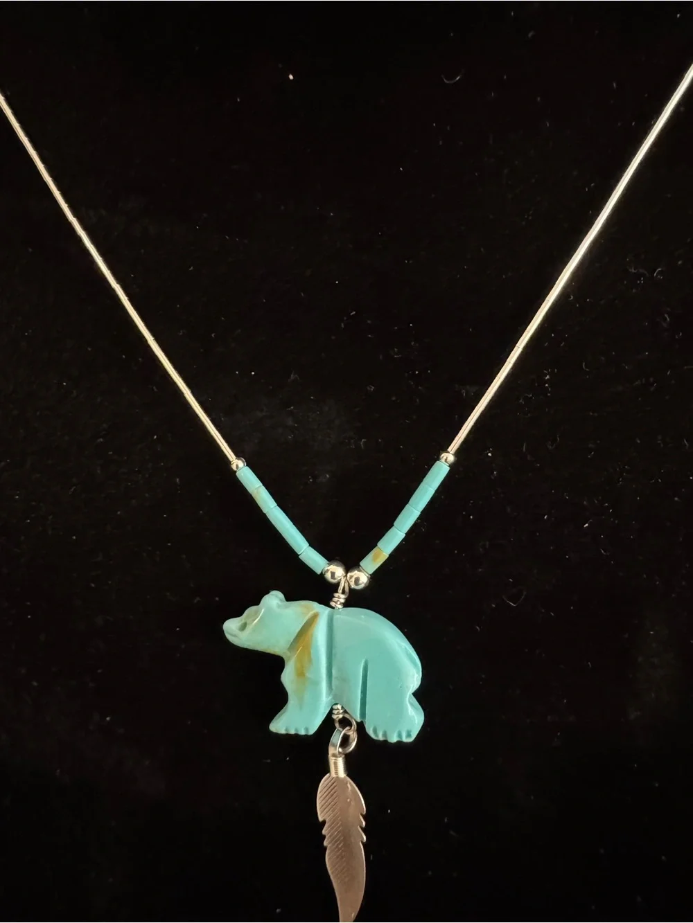 Turquoise Bear Pendant Necklace liquid silver with Silver‎ Feather